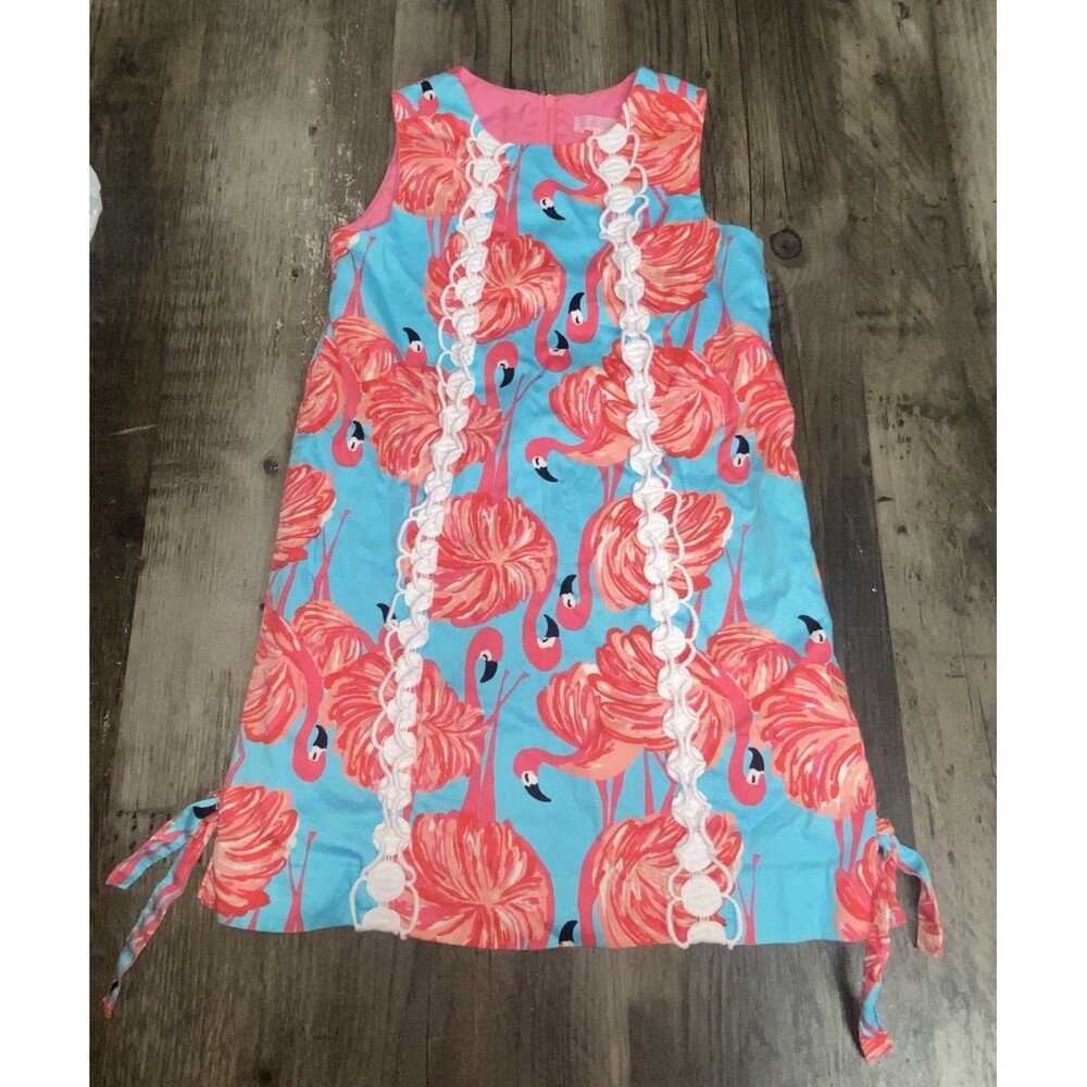 Lilly Pulitzer Girls Southern Charm Shift Dress Sz 6 Pink Blue Flamingo